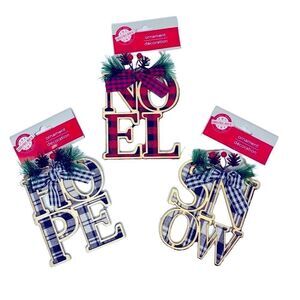 NWT Plaid Rustic Farmhouse Christmas Holiday Wood Framed Ornament Snow Hope Noel
